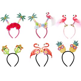 HIPIHOM 6Pcs Hawaiian Party Headbands Tropical Head Boppers Flamingo Palm Tree Pineapple Luau Party Headbands Decorations