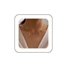Inilbran Boho Crystal Pendant Necklace Gold Hollow Flower Choker Necklace Vintage Tiny Crystal Dangling Necklace Choker Short CZ Tassel Necklace Chain Jewellery for Women and Girls, Metal