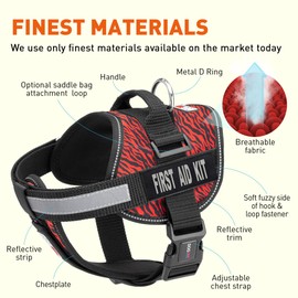 Dogline Unimax Dog Harness Vest with First Aid Kit Patches Reflective No-Pull, Adjustable Straps, Breathable Neoprene for Medical, Service, Identification and Training Dogs Girth 36 to 46" Zebra Red