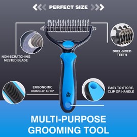 VERSE Pet Undercoat Rake - Double-Sided Dog Comb for Shedding - Cat and Dog Grooming Tool - Dematting & Detangling Hair Remover - Cat Brush - Dog Brush (Blue)