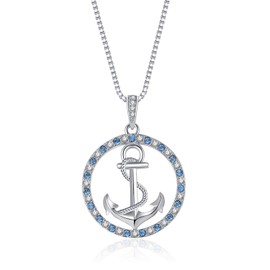 Women's Necklace Anchor Blue White Crystals Anchor Chain with Pendant Silver Chains Maritime Made of 925 Silver Gifts + for You Boat Love Heart Necklace with Gift Box, Silver, Crystals