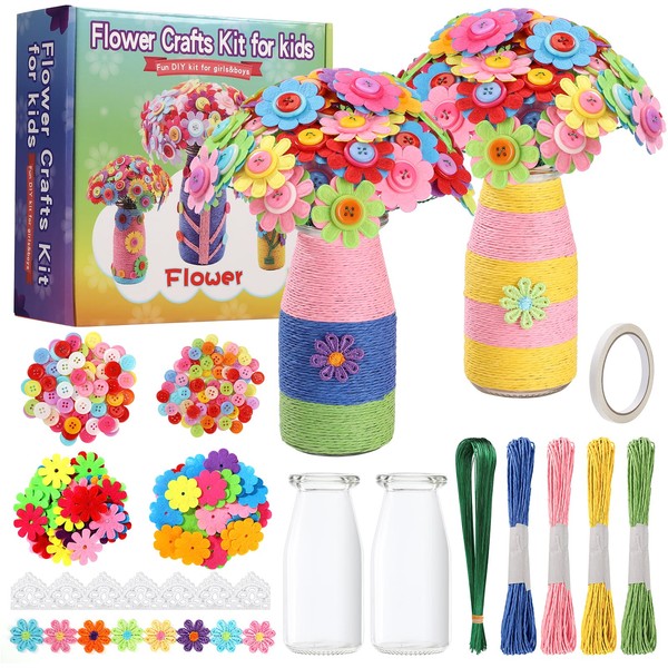 Wisplye Flower Craft Kit for Children, Make Your Own Bouquet with Buttons and Felt Flowers, DIY Crafts Toys Gift for Girls, Boys 4 5 6 7 8 9 10 11 12 Years Old