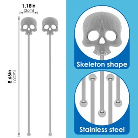 TOCCOOL Silver Skull Cocktail Stir Sticks - Reusable Stainless Steel Bar Stirrers, Gothic Style Mixing Tools for Cocktails & Themed Parties (6PCS)