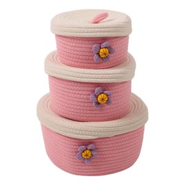 Round Storage Baskets with Lids Set of 3, Woven Cotton Rope Organizer Bins for Home Decor, Nursery, Bathroom, Bedroom, Pink Decorative Basket with Handles(Pink)