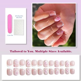 24pcs Short Square Pink Floral Press-On Nails, Glossy Blossom Design, Reusable Full-Cover ABS False Nail Stickers, 24 Sizes for Perfect Fit, Easy DIY Art Kit for Women & Girls