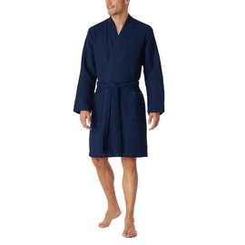 Schiesser Men's Waffle Pique Bathrobe 100 cm Length Organic Cotton, Dark Blue_178401