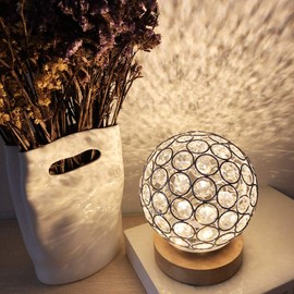 MUCHER Crystal USB Table Lamp Silver Crystal Ball with Wooden Base Bedside Table Lamp Dimmable Modern Night Light for Bedroom, Living Room, Office, Idear for Men Women Teens Children Kids