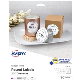 Avery Printable Round Labels with Sure Feed, 2.5" Diameter, Glossy White, 90 Customizable Labels (22830)