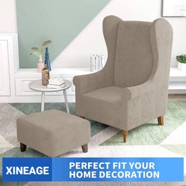 XINEAGE 1 Piece Velvet Wingback Chair Slipcover Stretch Wing Chair Cover Non Slip Furniture Protector with Foam Rods for Living Room (Wingback Chair, Khaki)