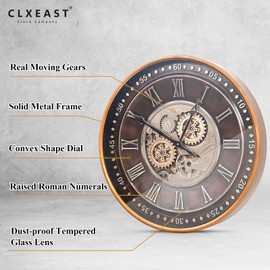 CLXEAST 24 Inch Wall Clock with Moving Gears,Oversized Large Industrial Steampunk Wall Clock, Antique Gold Metal Roman Numeral Wall Clocks for Farmhouse Living Room Decor