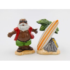 Fine Ceramic African American Black Vacation Santa Surf Board with Palm Tree on Beach Salt & Pepper Shakers Set, 3-1/2" H