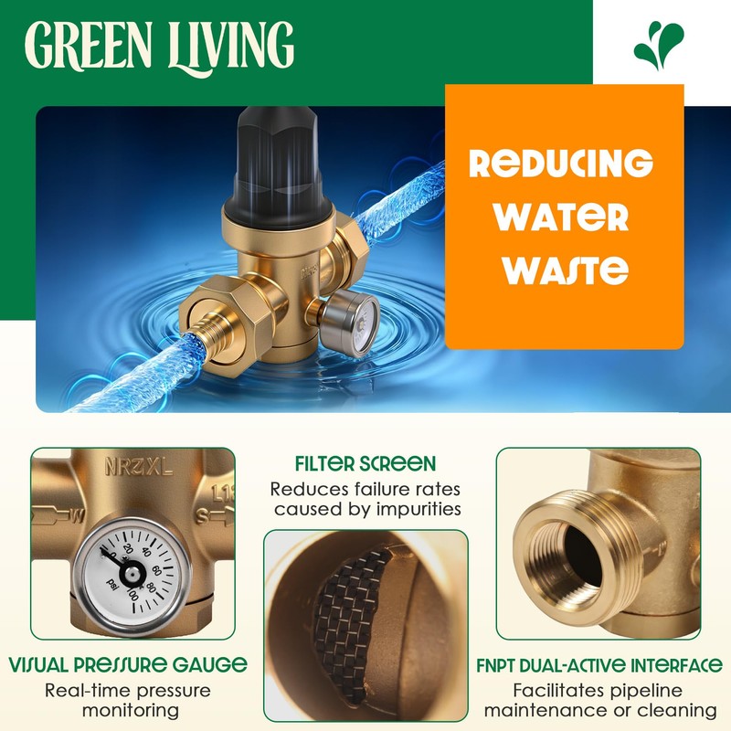 Upgraded 3/4" Water Pressure Regulator, FNPT Double Union, Polymer, Visual