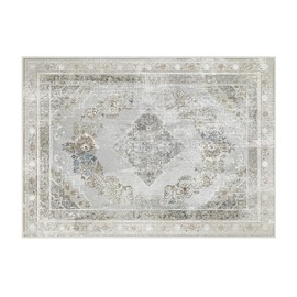 Phantoscope Vintage Collection Area Rug 5'x7' – Washable Low-Pile Rugs with Distressed Neutral Medallion Pattern, Non-Slip Boho Carpet for Living Room, Bedroom, Dining Room, Silver Grey/Taupe