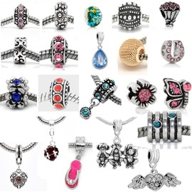 (20 Beads Mix) Pack of Assorted Silver Tone Charms, Rhinestones Bead Charms, Murano Glass Beads and Spacers