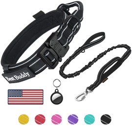 AUBELL Tactical Dog Collar and Leash Set, Adjustable Military Nylon Reflective Dog Leash and Collar with Handle and Heavy Metal Buckle for Medium Large Dogs, with Airtag Case and 2 Patches(Black, M)
