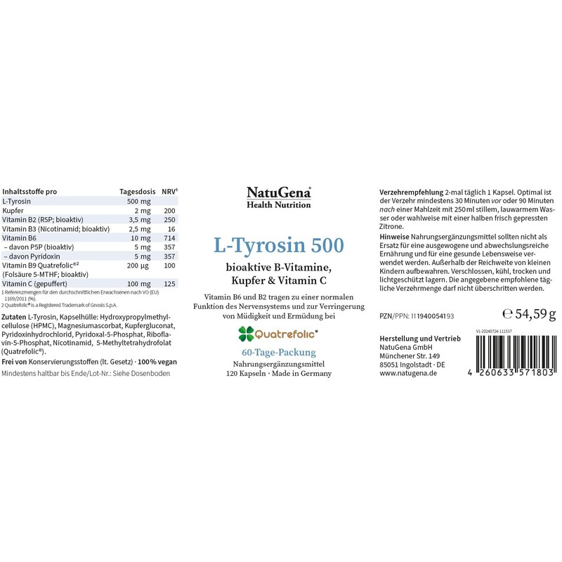 NatuGena L-Tyrosine 500, Bioactive B Vitamins (B3, B2, B6), Copper