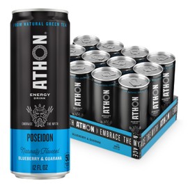 ATHON Natural Energy Drink: Poseidon Blueberry Guarana | Naturally Sweetened | 50 Calories | 10g sugar | L-Theanine and B-Vitamins | 160mg Caffeine | 12 fl oz Cans (12 pack)