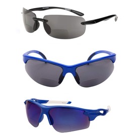 Mass Vision The Allstars 3 Pair of our Most Popular Bifocal Sport Wrap Unisex Sunglasses (Black/Blue, 1.5)