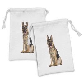 Lunarable German Shepherd Fabric Pouch Set of 2, Posing Animal Photo of a Dog Panting While Sitting Down Print, Small Drawstring Bag for Toiletries Masks and Favors, 9" x 6", White and Charcoal Grey
