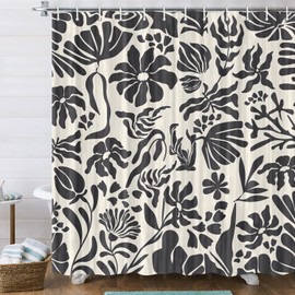 Boho Floral Botanical Shower Curtain, Cute Black Abstract Mid Century Morden Flowers Leaves Plant Bathroom Curtain, Spring Summer Retro Funky Aesthetic Bathroom Decor Shower Cutain Sets, 70X70IN
