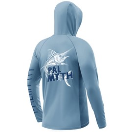 Palmyth Fishing Shirts for Men UPF 50+ Sun Protection Hoodie Long Sleeve with UV Vented Neck Gaiter Airy Blue Marlin Bone Large