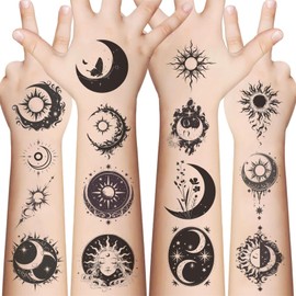10 Sheets Sun & Moon Temporary Tattoos Birthday Themed Party Supplies Decoration Favors Lunar & Solar Sticker for Kids Boys Home Activity Class Prizes Carnival Holldays Rewards (Sun Moon)
