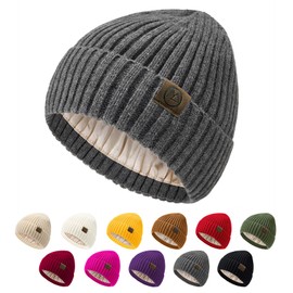 Acrylic Winter Beanie Hats for Woman Satin Lined Knit Beanies for Men Soft and Warm Dark Gray Hat