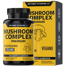 Beyond Vitamins | Mushroom Complex Premium con exclusiva mezcla de 6 hongos adaptógenos | Extractos altos en Betaglucanos, Polisacáridos y Triterpenos para resultados óptimos | Melena de León, Cordyceps, Reishi, Maitake, Chaga y Coriolus Versicolor | 2 m