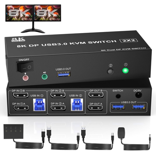 8K@60Hz USB 3.0 Displayport KVM Switch 2 Monitors 2 Computers, DP 1.4 Dual Monitor KVM Switch with Audio Microphone Output and 3 USB 3.0 Ports, Wired Remote and 2 USB Cables Included