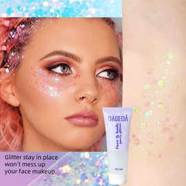 DAGEDA White Body Glitter Gel, Face Glitter Body Gel Sequins Shimmer Liquid Eyeshadow, Chunky for Face Hair Nails, Holographic Cosmetic Laser Powder Festival Makeup 50ml