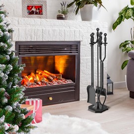 LOENIY 5 Pieces 31In Fireplace Tools Set, Wrought Iron Fireplace Tools with Ergonomic Handle, Fireplace Accessories Set Included Tong, Shovel, Base, Poker and Brush for Indoor & Outdoor (Black)