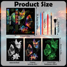 Set of 2 Scratch Pictures Set, Rainbow A4 Colourful Scratch Paper, Scratch Painting A4 for Children and Adults, Scratch Art Paper and Pen Set, DIY Craft Sets (Butterfly, Peacock)