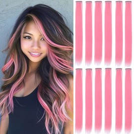 Eravauly Pink hair extensions 22 Inch colorful Straight colored hair 12 Pcs clip in extensions Highlight Party for Kids Girls and Women Gift (Pink, E-26)