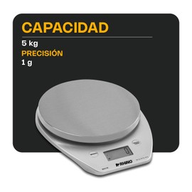 RHINO, Báscula Digital Cocina con Bluetooth, 5kg / 1g, App Nutridays, Pesa en g, lb,oz y ml, Función TARA y Cálculo de Volumen, BACI-5X