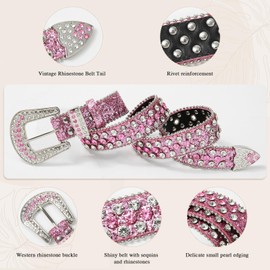 Monopa Rhinestone Belt for Women Men - Western Cowgirl Sequin Diamond Bling Studded Belts for Jeans Pants (130cm, Pink)