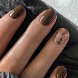 Fall Press on Nails Short Square Fake Nails Acrylic Nails Press ons Brown False Nails with Leaf Designs Artificial Glossy Nails Full Cover Glue on Nails Short Stick on Nails for Women