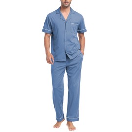 COLORFULLEAF Mens Pyjamas Set 100% Cotton Soft Button Down Nightwear Short Sleeve Top & Long Bottoms Pjs - Gifts for Him(Blue,S)
