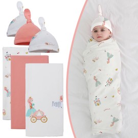 LAT LEE AND TOWN Baby Cotton Swaddle Blankets with Hat Set 3 Pack 0-3 3-6 Months Wearable Blankets Unisex Baby Sleeping Bag (Princess)