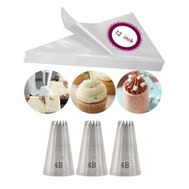 4B Piping Tip and Bag Set, 4B Open Star Tip with 12 inch Disposable Piping Bag for Cupcakes, Cakes, Cookies & Pastry Decorating