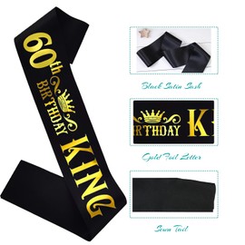 HUBEISIYU 60th Birthday King Sash, Bday Gifts idea for Men or Boys, Funny Birthday Sash for 60th Birthday Party Supplies, Black + Gold