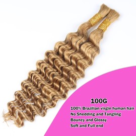 Human Braiding Hair for Boho Braiding Honey Blonde Deep Wave Bulk Human Hair for Braiding 55 cm 22 Inches #27 Curly Human Hair for Braiding without Weave Bundles