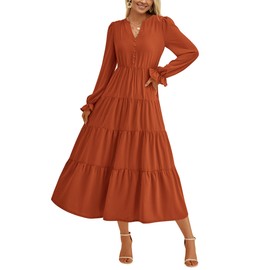 PRETTYGARDEN Women's Fall Maxi Dress Long Sleeve V Neck Tiered Ruffle Flowy A Line Cocktail Party Dresses (Brick Red,Medium)