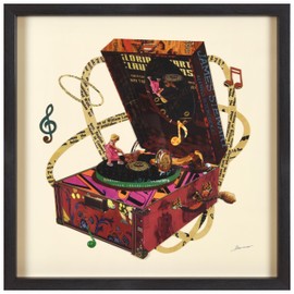 Empire Art Direct "Wind Up 78 "Hand-made dimensional music box art collage, under glass, encased on a black shadow box frame, Ready to Hang, Living Room, Bedroom & Office, 25" x 25" x 1.4"