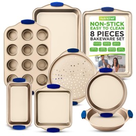NutriChef 8-Piece Nonstick Bakeware Set - Heavy Duty Carbon Steel Baking Pans w/ Blue Silicone Handles - Pizza Crisper, Muffin & Loaf Pan, Round & Square Pans, Cookie Sheet - Champagne Gold