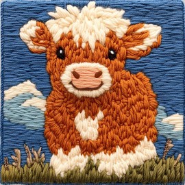 DIY Punch Needle Kits for Beginners Cute Cartoon Highland Cow with Pure Color with Hoop Embroidery Punch Needle Starter Craft Set Easy for Adults and Children Festival Gift and Decoration 20x20cm-4
