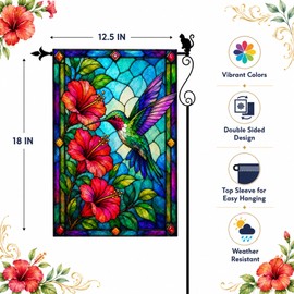 PureGorm Stained Glass Hummingbird Hibiscus Garden Flag, 12 x 18 Inches