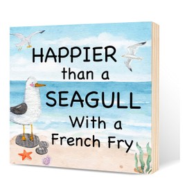 Fbitey Happier Than a Seagull with a French Fry Sign, Inspirational Wood Sign, 5.9x5.9 Inch Rustic Farmhouse Box Sign Decor for Home Office Table Shelf Wall Display-A02