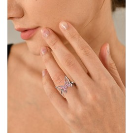 YL Butterfly Rings 925 Sterling Silver Simple Statement Band Created Pink Tourmaline Jewelry for Women-size7