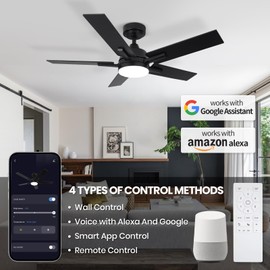 VIOSSN 42 Inch Ceiling Fan, Smart Ceiling Fan with Remote/APP, Black Ceiling Fan with 6-Speeds Reversible Motor, Alexa Ceiling Fan with 5 Two-sided Blades Dimmable Noiseless for Indoor Bedroom/Outdoor