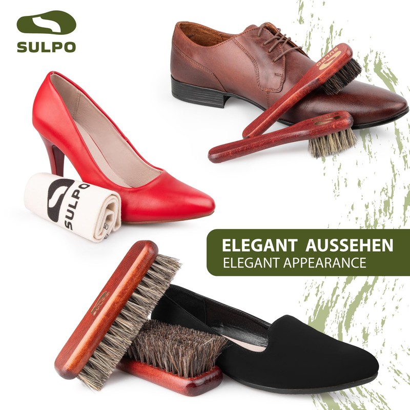 SULPO Schuhbürsten Set - weiche Rosshaar Schuhbürste, hochwertige Schuhpflege mit